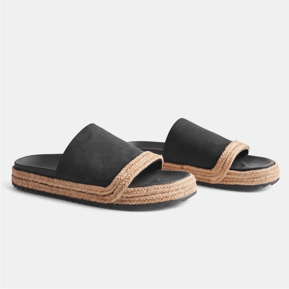 James Perse black suede espadrille slides sandals jute size 7